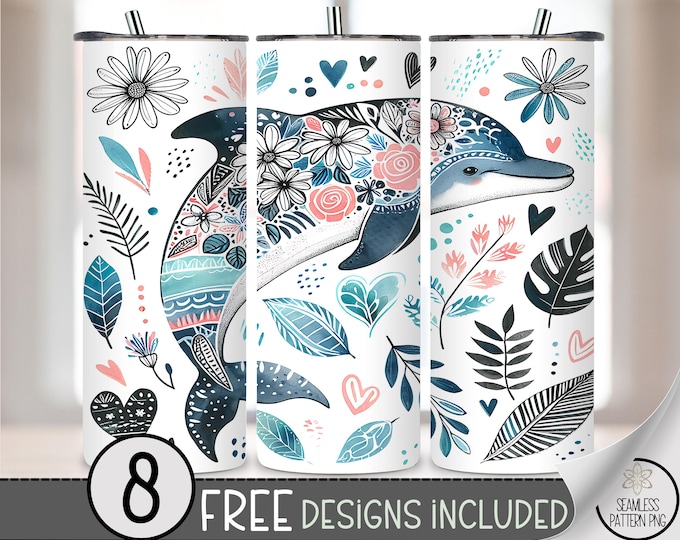 20oz Dolphin Tumbler Wrap, Coast Ocean 20 Ounce Sublimation Template, 20 oz Tropical Summer Beach Floral Tumbler Sublimation Design, A202