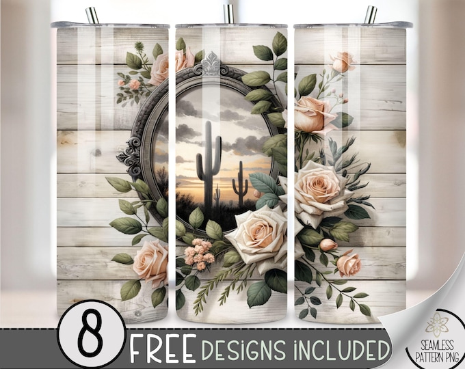 Boho Western Tumbler Wrap, Country Western 20oz Skinny Tumbler Sublimation Design, Floral Country Girl Tumbler Wrap File PNG, Cactus Design