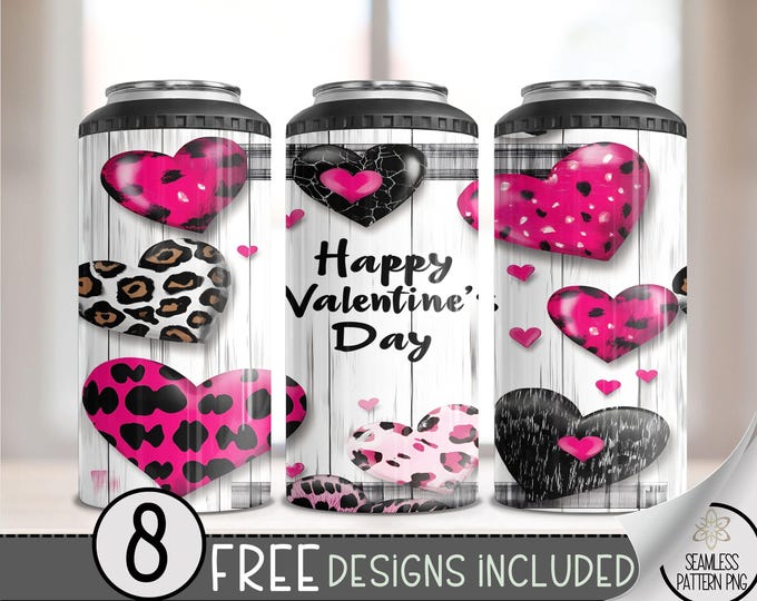 Valentines Day 4 in 1 Can Cooler Wrap, Seamless Heart 4in1 Tumbler PNG, Vday 16 Oz Can Cooler Sublimation Design,Love Hearts Hard Can Cooler