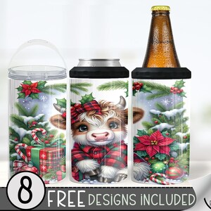 Cute Highland Cow Can Cooler Wrap, Xmas 16 oz 4-in-1 Cooler Sublimation, Christmas 16Oz Tumbler File, Buffalo Check Holiday Design File PNG