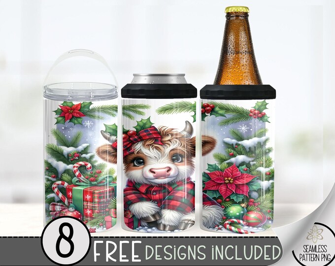 Cute Highland Cow Can Cooler Wrap, Xmas 16 oz 4-in-1 Cooler Sublimation, Christmas 16Oz Tumbler File, Buffalo Check Holiday Design File PNG