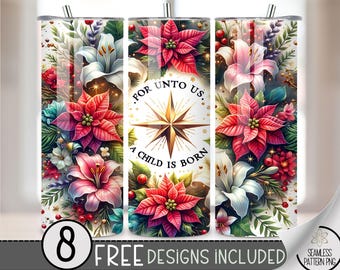 Christmas Cardinal Tumbler Wrap PNG, Religious 20 Oz Skinny Tumbler Sublimation Design, Christian Png Tumbler Wrap, Seamless Floral PNG File