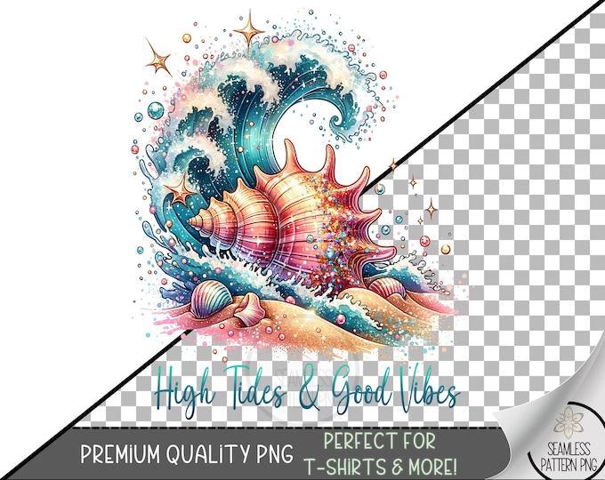 Beach Vibes PNG, Wave & Shell Sublimation Designs, Fisherman Aesthetic Png, Beach Png, Funny Summer Design, Sparkly Seashell File A226
