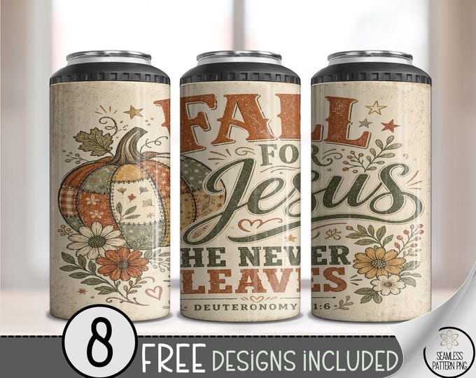 Fall for Jesus 4in1 Can Cooler Wrap, Pumpkin Sublimation Design, 16oz PNG For Can Cooler, Digital Download, B10305