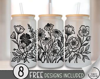 Floral Glass Can Wrap, Botanical 16oz Glass Tumbler Sublimation Design, Cottagecore Wildflower Bouquet PNG File, Beer Can Glass B10129