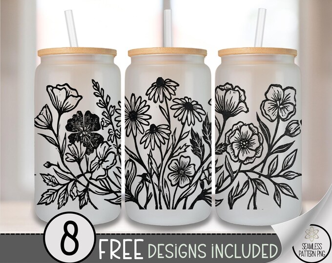 Floral Glass Can Wrap, Botanical 16oz Glass Tumbler Sublimation Design, Cottagecore Wildflower Bouquet PNG File, Beer Can Glass B10129