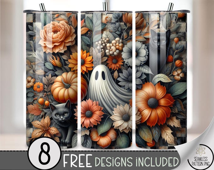 20oz Tumbler Wrap Ghost Cat Floral PNG, Neutral Gothic Fall Halloween Design, Seamless Pumpkin and Floral Sublimation Tumbler Wrap, A393