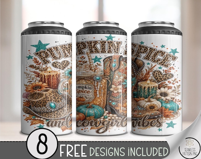 Pumpkin Spice Cowgirl 4in1 Can Cooler Wrap, Fall Sublimation Design, Digital Download, B10449