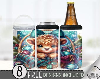 Christmas Highland Cow 4in1 Can Cooler Wrap, Xmas 4 in 1 Tumbler PNG, Cute Cow Christmas 16 Oz Can Cooler Sublimation Design, Coquette Bow
