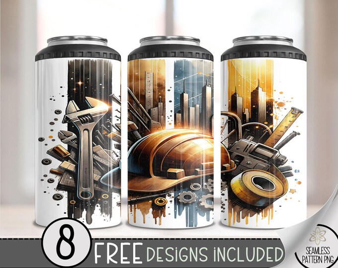 Construction 4 in 1 Can Cooler Wrap, Construction Worker 4in1 Tumbler PNG, Father's Day Tool 16 Oz Can Cooler Sublimation Design, A57