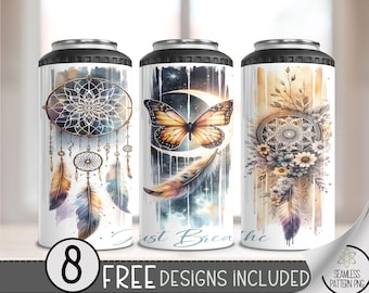 Just Breathe Can Cooler Wrap, Boho Dreamcatcher Butterfly Floral 16 oz 4-in-1 Cooler Sublimation,Celestial Moon Design,Ethereal Can Wrap,A93