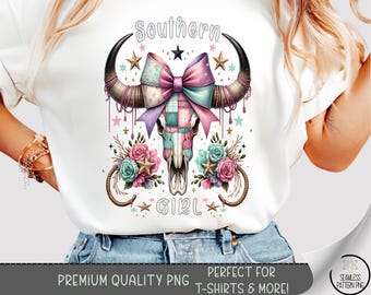 Southern Girl T-shirt PNG, Boho Sublimation Design, Western Longhorn Skull DTF Shirt Graphic, Pastel TShirt File with Roses and Stars A512