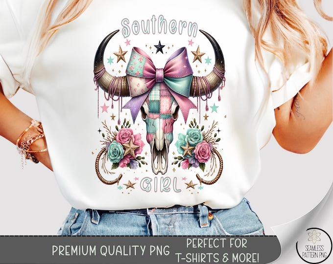 Southern Girl T-shirt PNG, Boho Sublimation Design, Western Longhorn Skull DTF Shirt Graphic, Pastel TShirt File with Roses and Stars A512