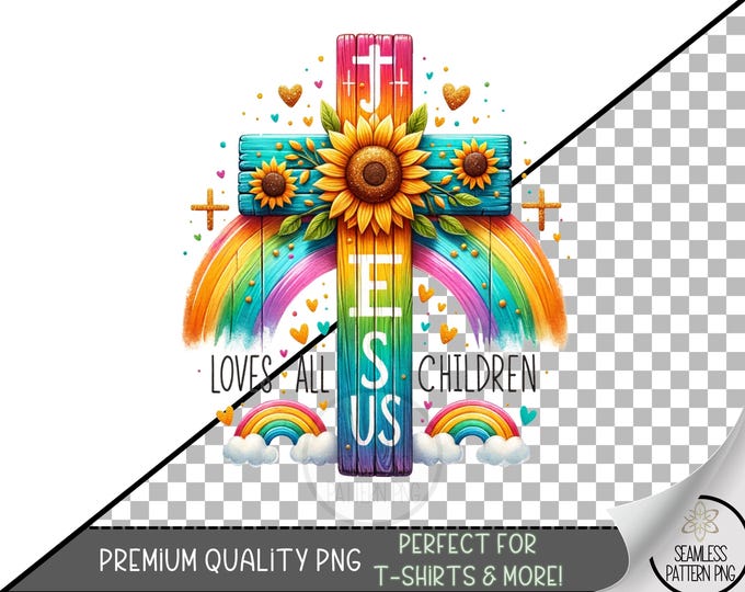 Colorful Jesus and Sunflower Cross Sublimation Design, Vibrant Religious PNG, Christian T-Shirt Graphic, Inspirational File A461