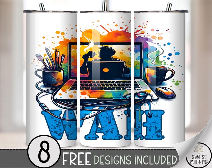 Playful 20 oz tumbler wrap: Work-from-Home Desk Scene Sublimation Design for Skinny Tumblers, Cozy PNG Files Digital Download A848
