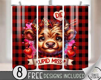 Highland Cow Cupid Tumbler Wrap, Valentine's Day 20oz Skinny Tumbler Sublimation Design, Funny Seamless Vday Tumbler Wrap File PNG, Plaid