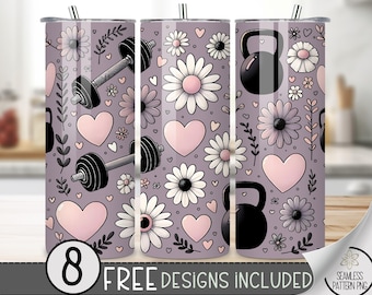 Fitness Tumbler Wrap Design, Daisies Digital Dumb Bells Kettlebell Fitness Fashion Girl 20Oz Tumbler Wrap,20Oz Gym Motivational Tumbler Wrap