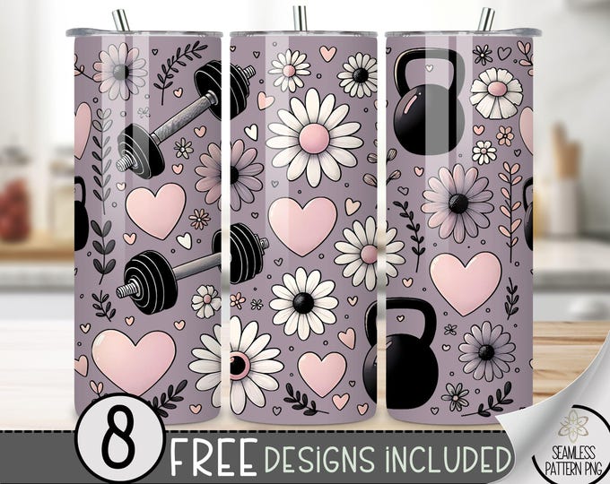 Fitness Tumbler Wrap Design, Daisies Digital Dumb Bells Kettlebell Fitness Fashion Girl 20Oz Tumbler Wrap,20Oz Gym Motivational Tumbler Wrap