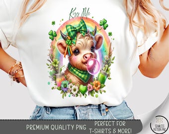 Lucky Cow T-Shirt PNG: Coquette Highland Heifer, Digital Download, Shamrock Design, Sublimation, A797