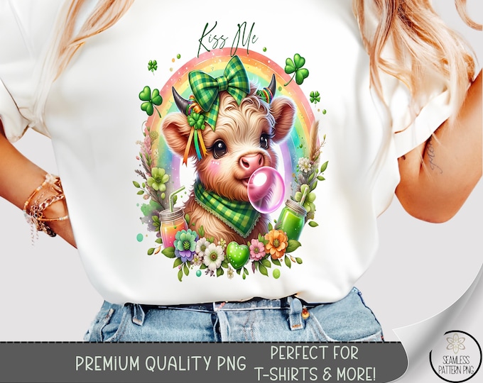 Lucky Cow T-Shirt PNG: Coquette Highland Heifer, Digital Download, Shamrock Design, Sublimation, A797