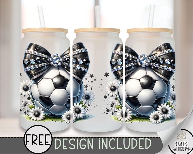 Coquette Soccer Glass Can, Sports Sublimation Design, Rhinestone Soccer 16oz Can Wrap, Trendy Futball Glass Can Design, A368