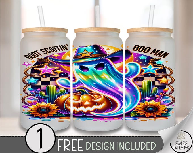 Halloween Ghost Glass Can Wrap, Western Boot Scootin' Boo 16oz Tumbler Sublimation Design PNG File, Digital Download, B10296