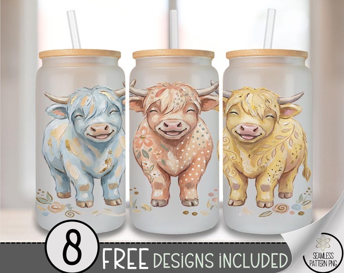 Highland Cow PNG, Cute Baby Cows Glass Can Wrap Design, Sublimation, Digital Download, B876