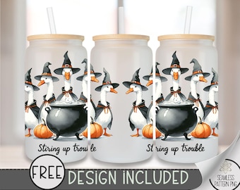 Stirring Up Trouble Goose Glass Can Wrap PNG, Witch Hat Design, Halloween Duck Clipart for Sublimation,Funny Witchy Pumpkin Glass Wrap, A364