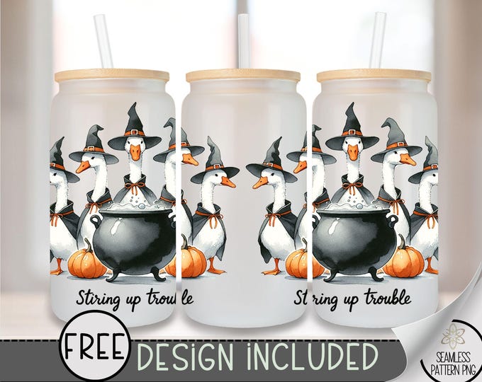 Stirring Up Trouble Goose Glass Can Wrap PNG, Witch Hat Design, Halloween Duck Clipart for Sublimation,Funny Witchy Pumpkin Glass Wrap, A364