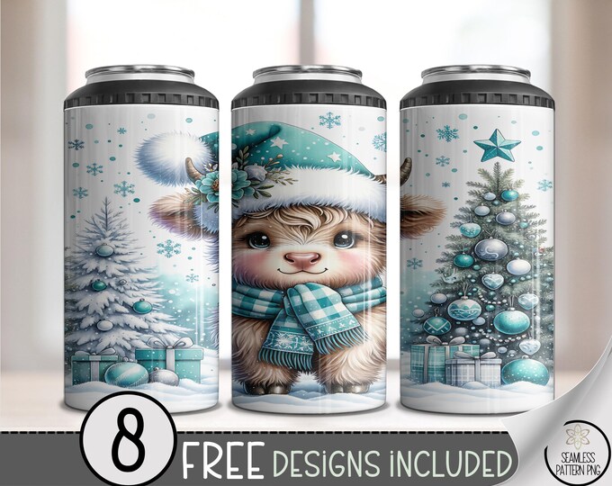 Blue Highland Cow 4in1 Can Cooler Wrap, Teal Christmas Sublimation Design, Cute Winter Cow, Snowy Christmas Trees, A594