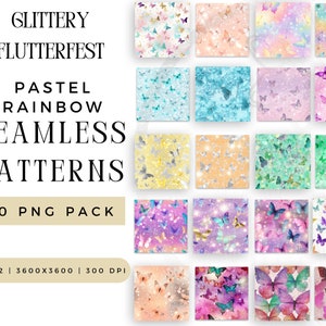 Bundle numérique motif papillon Flutterfest scintillant numérique PNG, fichier de journalisation par sublimation, Pack répétitif pastel printanier à usage Commercial
