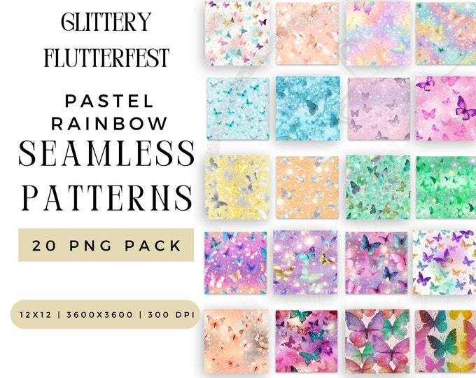Digital Glittery Flutterfest Butterfly Seamless Pattern PNG Bundle, Sublimation Journaling File, Spring Pastel Repeating Pack Commercial Use
