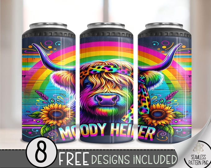 Moody Heifer 4 in 1 Can Cooler Wrap, Cute Highland Cow 4in1 Tumbler PNG, Funny Highland Cow 16 Oz Can Cooler Sublimation Design, Neon A15