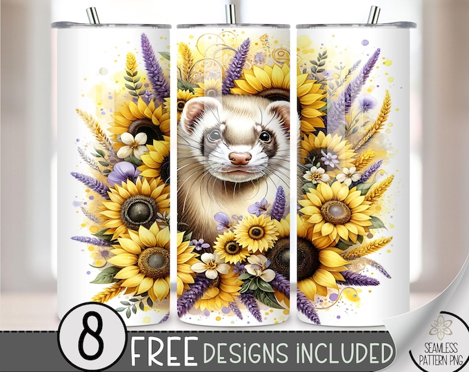 Ferret Floral Skinny Tumbler PNG Wrap, Color Splash Ferret with Sunflowers Straight Wrap, Weasel Watercolor Sublimation Digital Download