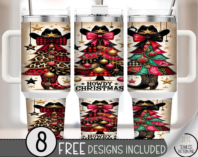 Seamless Country Western Christmas 40oz Skinny Tumbler Wrap, Digital Download PNG, Howdy Christmas Sublimation Design A566