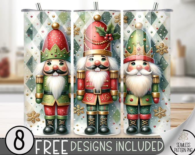Nutcracker Tumbler Wrap, Christmas Nutcracker Design, Xmas 20Oz Skinny Tumbler Festive 20Oz Tumbler Design, Plaid Sublimation Design PNG
