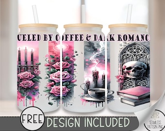 Skull Libbey Glass Wrap, Roses Skull 16 Oz Glass Can Wrap PNG, Gothic Glass Tumbler Wrap, Book Smut Glass Can Sublimation Wrap Design, A127