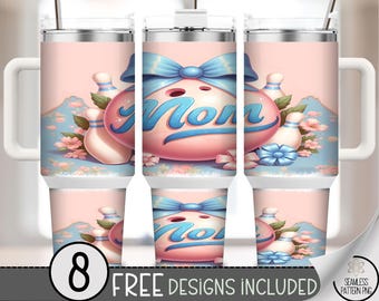 40 oz Bowling Mom Wrap PNG, Cute Pastel Floral Ball and Pins, Sublimation Tumbler Design for Mom, Bowling Sports Lover, A336