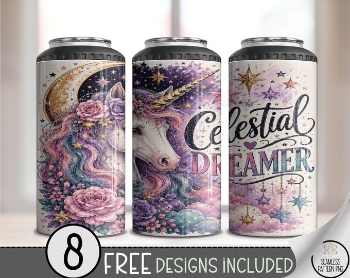 Celestial Dreamer 4-in-1 Can Cooler Wrap, Unicorn Sublimation Design, 16 oz, Digital Download, B10368