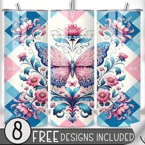 Blue Butterfly Tumbler Wrap, Geometric Skinny 20Oz Tumbler Wrap, Floral Skinny Tumbler Wrap, Pink 20 Oz Skinny Tumbler Sublimation Design