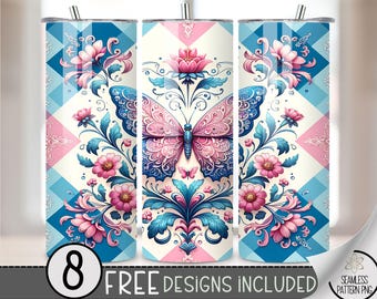Blue Butterfly Tumbler Wrap, Geometric Skinny 20Oz Tumbler Wrap, Floral Skinny Tumbler Wrap, Pink 20 Oz Skinny Tumbler Sublimation Design