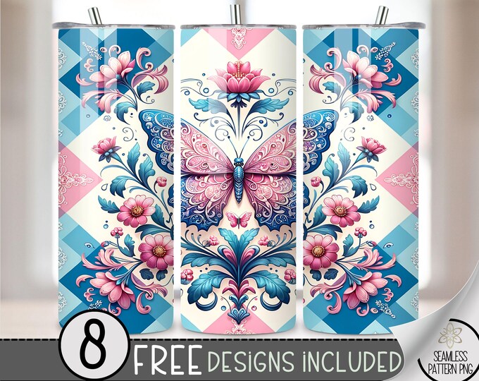 Blue Butterfly Tumbler Wrap, Geometric Skinny 20Oz Tumbler Wrap, Floral Skinny Tumbler Wrap, Pink 20 Oz Skinny Tumbler Sublimation Design
