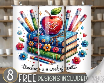 Teacher tumbler wrap, Teaching is a Work of Heart tumbler wrap,Autumn 20 oz tumbler design,Teacher Life tumbler PNG, Back To School PNG, A64
