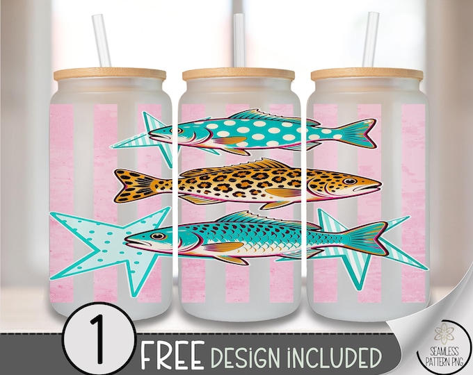 Fish Glass Can Wrap, Coastal 16oz Glass Tumbler Sublimation Design, Retro PNG File, Digital Download, B10263