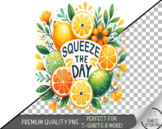 Squeeze the Day Citrus Sublimation PNG, Lemon Lime Orange Fruit Clipart, Bright Summer Floral Quote Design, Positive Motivation PNG, A391