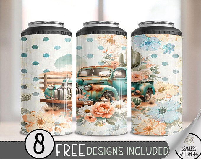 Rustic Vintage Truck 4 in 1 Can Cooler Wrap, Western 4in1 Tumbler PNG, Floral 16 Oz Can Cooler Sublimation Design, Old Truck Seamless File