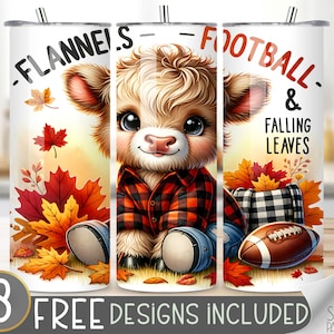 May include: Three sublimation tumbler designs featuring a cartoon highland cow wearing a red and black plaid shirt and blue jeans. The designs include the text "Flannels", "Football", and "Falling Leaves".