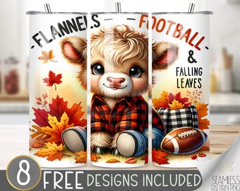 Cute Highland Cow Fall Tumbler Wrap, Autumn Leaves Pumpkins 20oz Tumbler Sublimation Design, Thanksgiving Football Rustic Country Tumbler