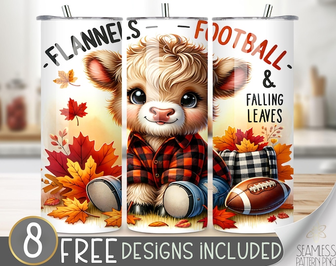 Cute Highland Cow Fall Tumbler Wrap, Autumn Leaves Pumpkins 20oz Tumbler Sublimation Design, Thanksgiving Football Rustic Country Tumbler