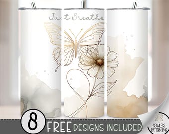 Just Breathe Tumbler Wrap, Simple Butterfly Tumbler Wrap, Boho Flower 20 oz Straight Sublimation Design, Minimalist 20oz Skinny Wrap, A170